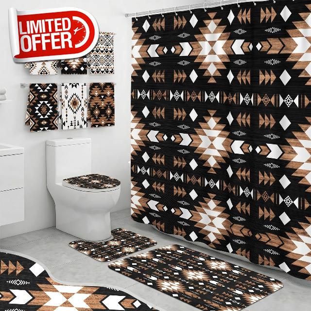 Britimes 10 Pcs Aztec Southwestern Geometric Bathroom Sets with Shower Curtain and Rugs and Towels