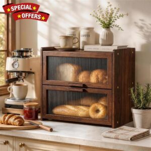 Kitsure Bread Box for Kitchen Countertop - Vintage Farmhouse Wooden Bread Boxes with 2 Layer Storage & Clear Viewing Doors