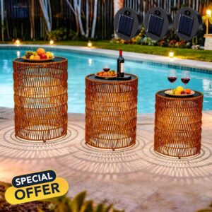 3 Pack Solar Outdoor Side Table with Integrated Glow Lights Set