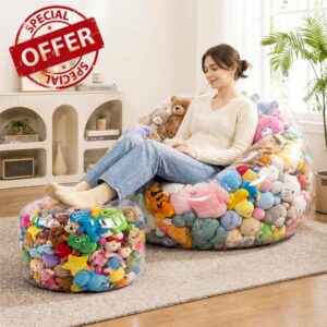 Batiyeer 2 Pcs Clear Stuffed Animal Storage Chair Large Transparent Bean Bag Chair Cover for Plush Toys Living Room Bedroom (Cute Style