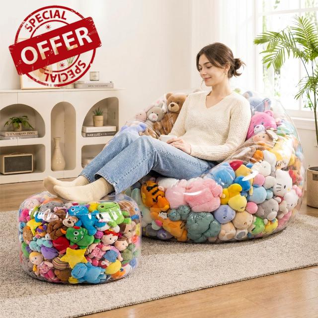 Batiyeer 2 Pcs Clear Stuffed Animal Storage Chair Large Transparent Bean Bag Chair Cover for Plush Toys Living Room Bedroom (Cute Style