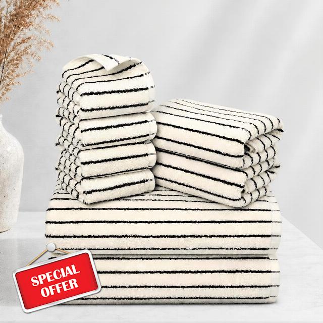 8 Pack Black and Ivory Bath Towel Set