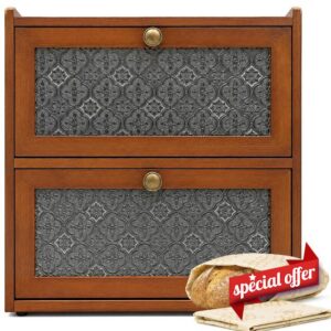 ETMI Vintage Bread Box for Kitchen Countertop - 2 Layer BreadBox Large Carbonized Bamboo Bread Storage Container Kitchen Organize