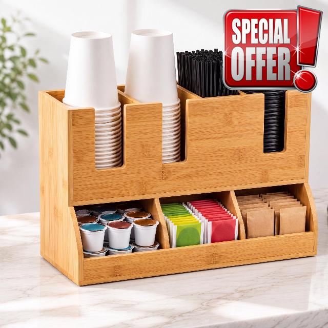 Geelin Bamboo Coffee Station Organizer with 4-compartment Double Layer