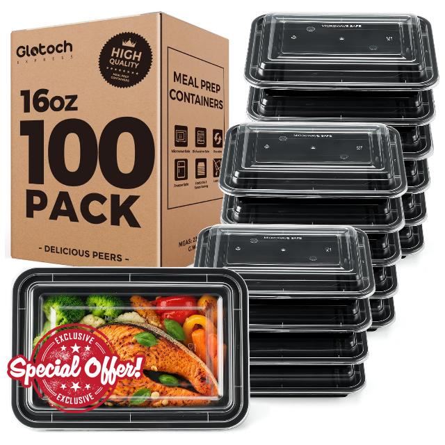 100 Pack (200-Piece) 16oz Meal Prep Containers with Lids Reusable Food Containers Leakproof & Microwave
