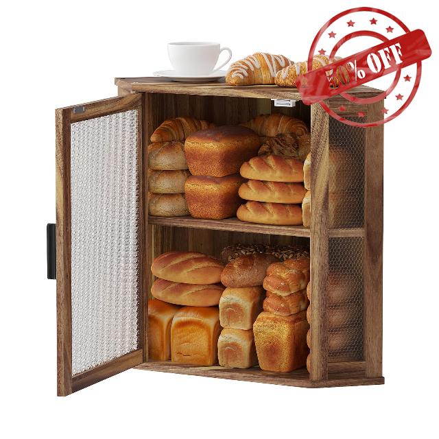 STDDRE Corner Bread Box for Kitchen Countertop 2-Tier Acacia Wood Kitchen Countertop Bread Storage Large Capacity Farmhouse Bread Box with Window Bread Holder Corner Food Organizer (Extra Large)