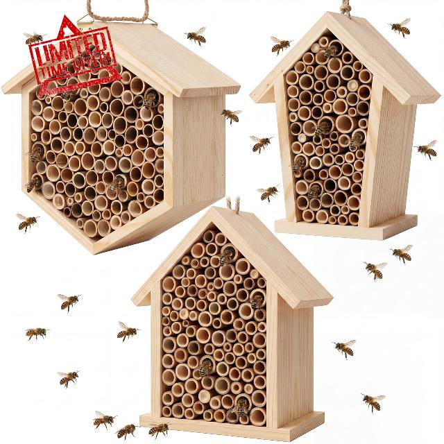 Marsui 3 Pcs Mason Bee House Wooden Handmade Bee Hotel Outdoor Pollinating Insect Box Habitat with Tubes for Garden Decor Supplies
