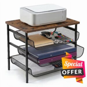 4-Tier Mesh Desk Organizer with Drawer Wooden Top Desktop Organizers File Holder Letter Tray Supplies Paper Organizer Home Office Accessories Black