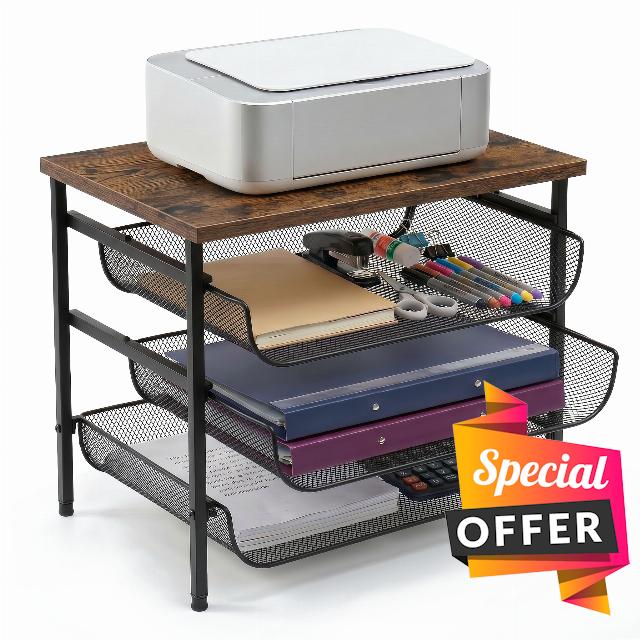 4-Tier Mesh Desk Organizer with Drawer Wooden Top Desktop Organizers File Holder Letter Tray Supplies Paper Organizer Home Office Accessories Black