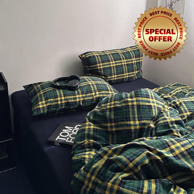 MKXI Twin Size Forest Green & Mustard Yellow Plaid Duvet Cover Set