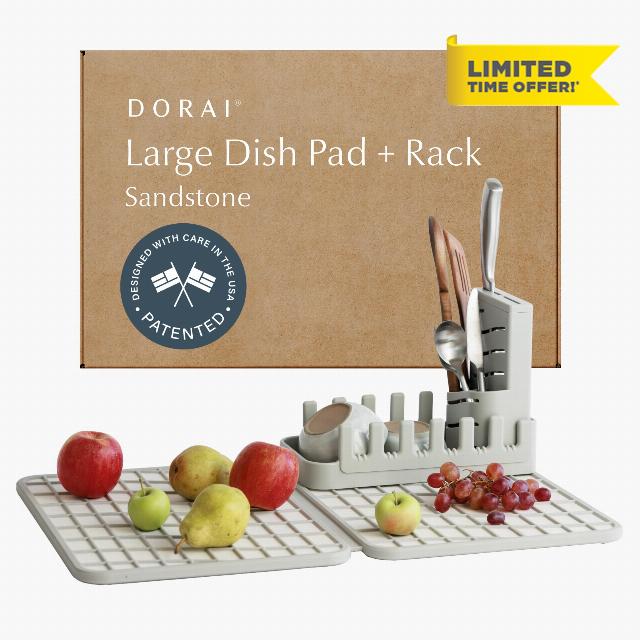 Dorai Home Collapsible Dish Drying Rack with Stone Dish Pad - Kitchen Counter Set with Diatomaceous Earth Stone Dish Mat for Quick Drying - Space-Saving Design - Large 24.6" x 16.5"