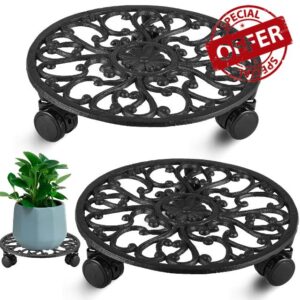 2 Packs 11 Inch Rolling Plant Stand with Wheels Wrought Iron Rolling Plant Stand with Casters Heavy Duty for Indoor Plants Rollers Potted Plant Mover