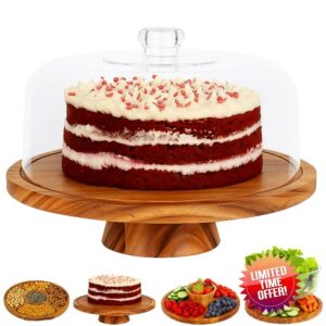 JOEY'Z 6 in 1 Large Acacia Wood Cake Stand with Lid - Multiuse Wooden Cake Stand with Dome Acrylic Cake Cover/Cake Dome - Cake Holder With Lid - Cake Stands