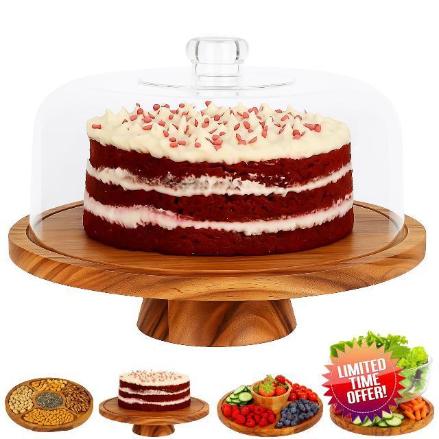 JOEY'Z 6 in 1 Large Acacia Wood Cake Stand with Lid - Multiuse Wooden Cake Stand with Dome Acrylic Cake Cover/Cake Dome - Cake Holder With Lid - Cake Stands