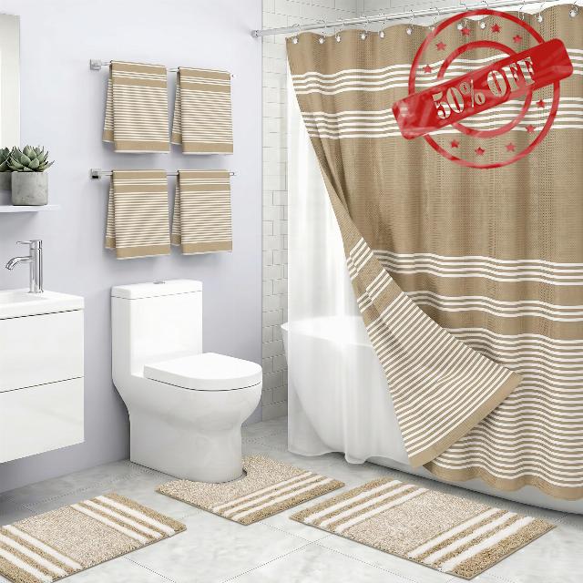 Britimes 8 Pcs Beige Stripes Bathroom Sets with Shower Curtain and Rugs