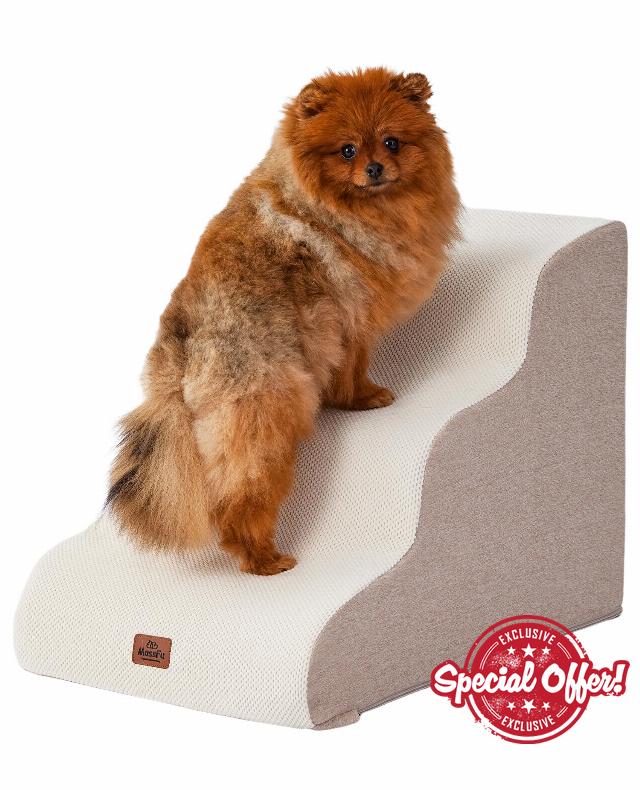 Beige Curved Dog Stairs Ramp for Small Dogs & Cats 17" H