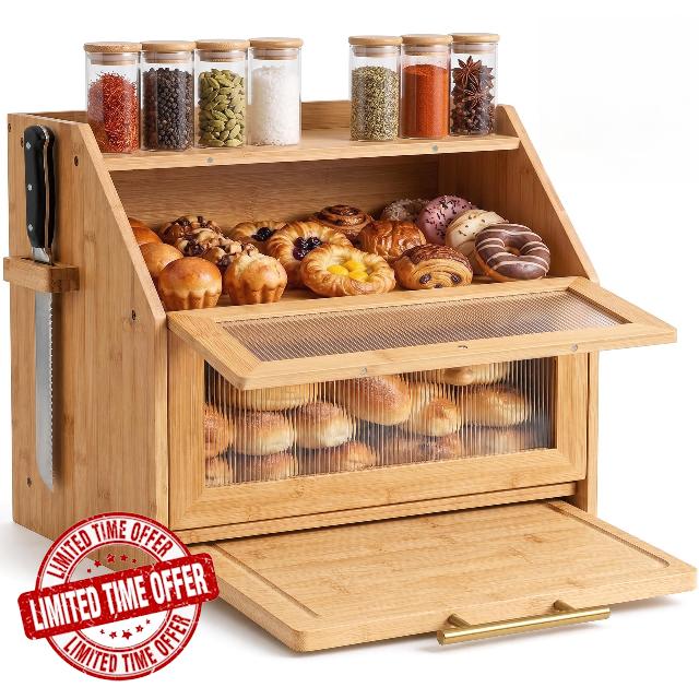 16"W Extra Large Bread Box with Tool Holder & Cutting Board & Handles