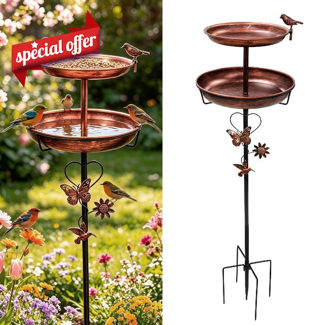 Metal Bird Bath for Outside: 46In Double Vintage Birdfeeder | Bird Baths Feeder Bowl for Outdoors Garden Patio Yard Lawn Decor