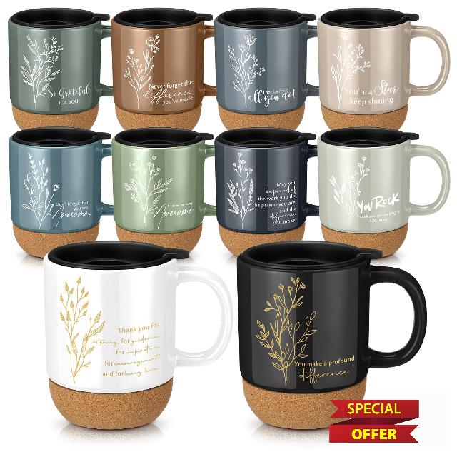 Jingmore 10 Pcs Employee Appreciation Gift Bulk Non-slip Cork Bottom Coffee Mug 13.5 oz Ceramic Tumbler Thank You Mug Back to School Gift for Teachers Coworker Nurse Men(Appreciation)