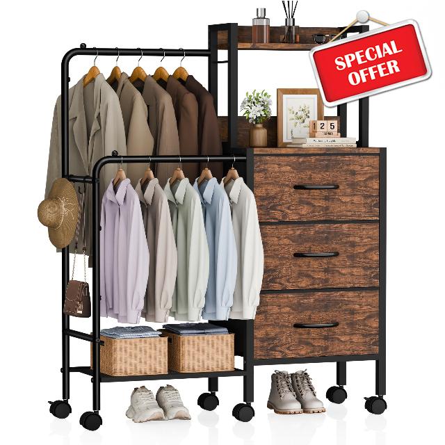 Dresser with Double Hanging Clothes Rack and Wheels