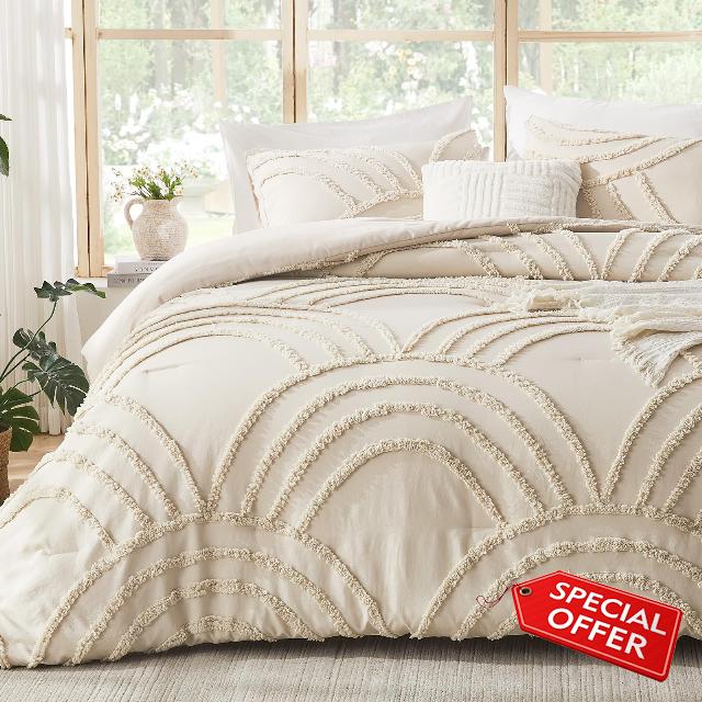 ENJOHOS Boho Comforter Twin Size - Neutral Cream Beige Tufted Twin Comforter Sets