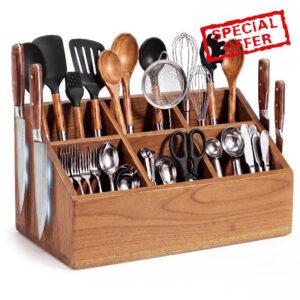 Acacia Wooden Utensil Holder 13.5''x 7''x 6.3'' Kitchen Utensil Holder with Magnetic Knife Sides 6 Compartment for Counter Organizer Rustic Organizer for Flatware Spatulas and Cooking Tools