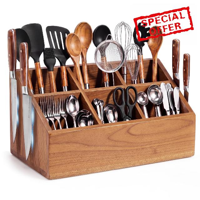 Acacia Wooden Utensil Holder 13.5''x 7''x 6.3'' Kitchen Utensil Holder with Magnetic Knife Sides 6 Compartment for Counter Organizer Rustic Organizer for Flatware Spatulas and Cooking Tools