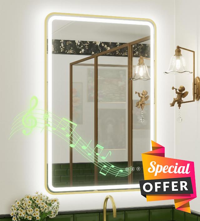 24x36 Inch Gold LED Bathroom Mirror with Dual Bluetooth Speakers | 3 Color Temperature