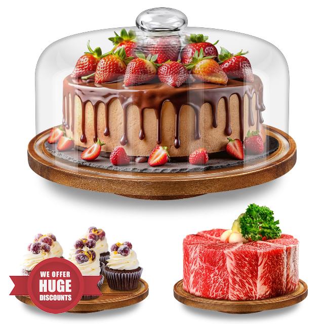 Yangbaga 11IN Wood Cake Stand with Dome Lid
