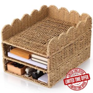 Pinkunn 3 Tier Scalloped Stackable Paper Tray Turn in Trays for Classroom 9.6 x 12.6 x 8.3 Inches Desk File Organizer Rustic Paper Letter Organizer Storage Baskets for Back to School Office Docume