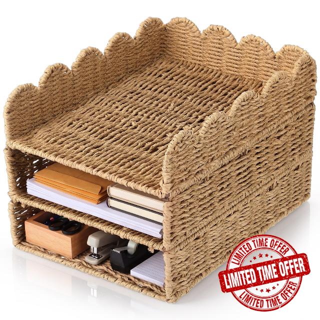Pinkunn 3 Tier Scalloped Stackable Paper Tray Turn in Trays for Classroom 9.6 x 12.6 x 8.3 Inches Desk File Organizer Rustic Paper Letter Organizer Storage Baskets for Back to School Office Docume
