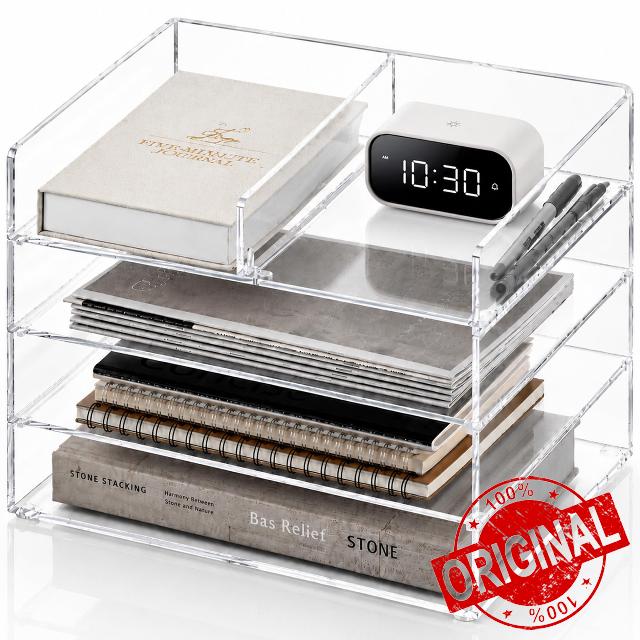 4-Tier Paper Tray Organizer Extra Large - Stackable Acrylic Desk Organizer - Clear Paper Sorter & Letter Tray - Durable Space Saving Storage for Documents and Folders