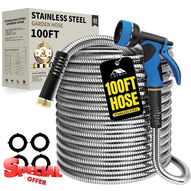 Lefree 100ft Metal Garden Hose - Heavy Duty 304 Stainless Steel Flexible Water Hose