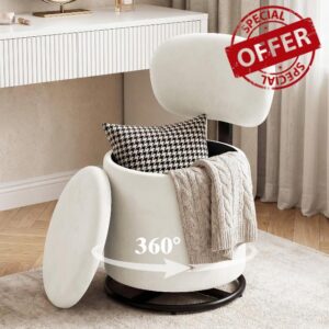 LIVELYGLOW White Velvet Swivel Vanity Chair with Storage Makeup Stool | Velvet-Fabric