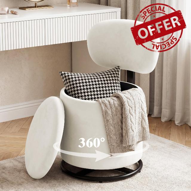 LIVELYGLOW White Velvet Swivel Vanity Chair with Storage Makeup Stool | Velvet-Fabric