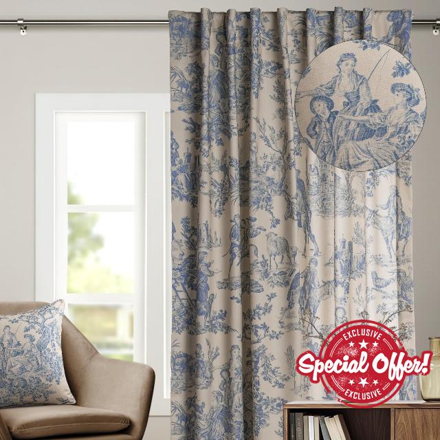 Maison d' Hermine Curtains for Living Room 100% Cotton 84 inch Length One Panel Light Filtering Toile Curtains for Bedroom Windows with Rod and Loop Pockets Drapes (The Miller Blue