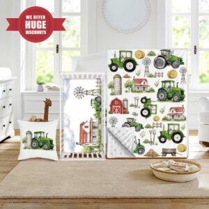 Baby Crib Bedding Set 3 Pcs - Tractor Crib Bedding Set for Boys Girls - Farm Print Nursery Bed Sets Include Soft Blanket Dotted Back