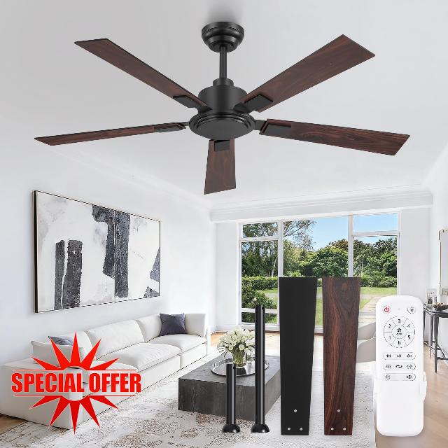 ZMISHIBO 52 Inch Ceiling Fan No Light with Remote Modern Black Ceiling Fan with Quiet Reversible DC Motor