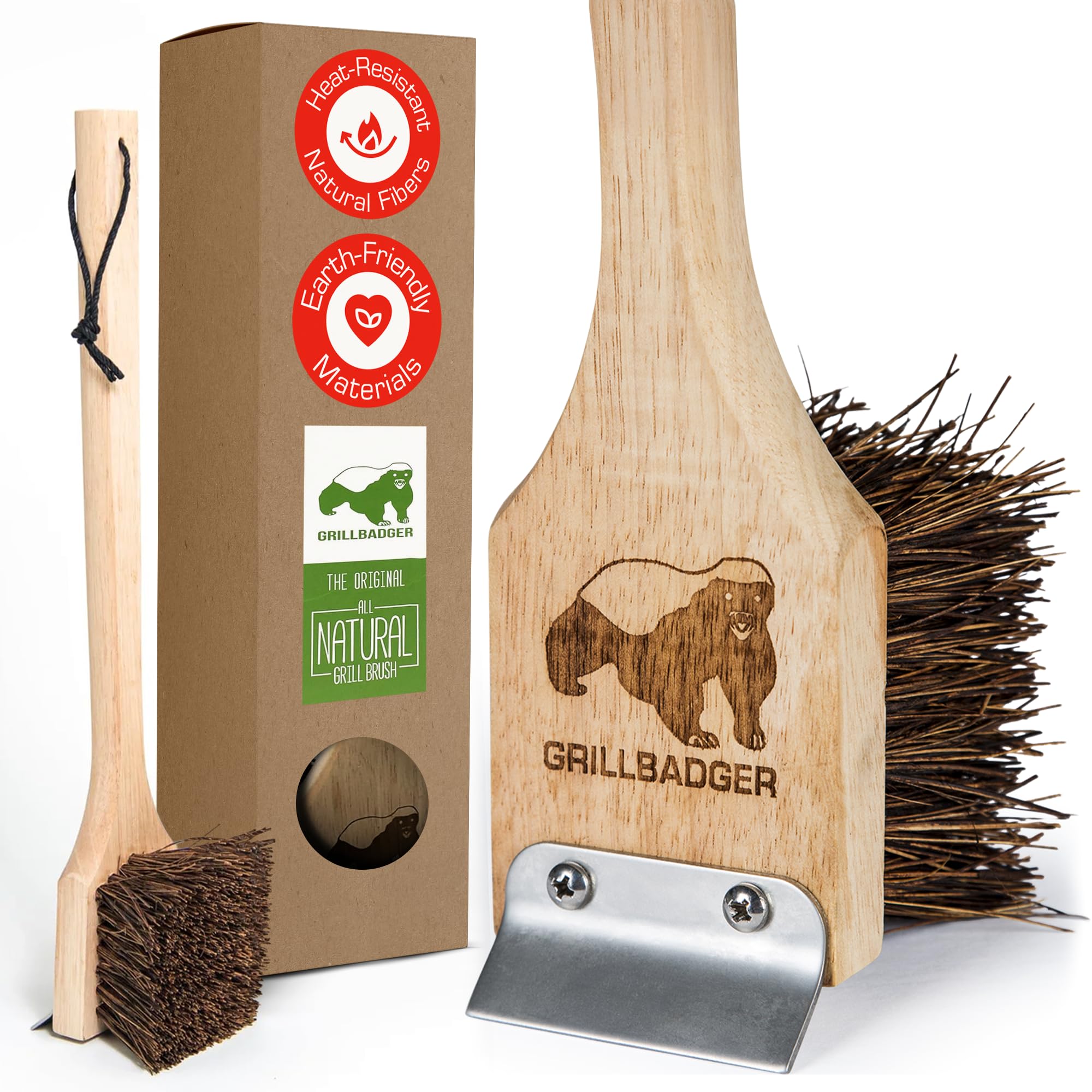 The Original Non Metal Grill Brush for Outdoor Grill | High Temp Heat Resistant BBQ Cleaning Brush | Long Lasting Wooden BBQ Cleaner with Scraper