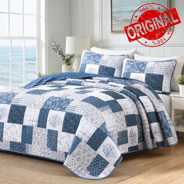 Xruibed Blue Ocean Quilt Set Queen Coastal Beach Theme Quilt Coverlet Soft Microfiber Reversible Bedspread with 2 Pillow Shams 3 Pieces Nautical Patchwork Beach Bedding Quilt for All Season 90"x96"