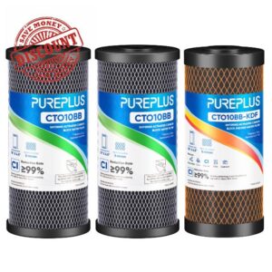 PUREPLUS 5 Micron 10"x4.5" Whole House Water Filter Replacement Bundle 3 Pack – 2× CTO Chlorine Taste Odor Reduction + 1× KDF Heavy Metal Filter – Fits Standard Housings GXWH40L