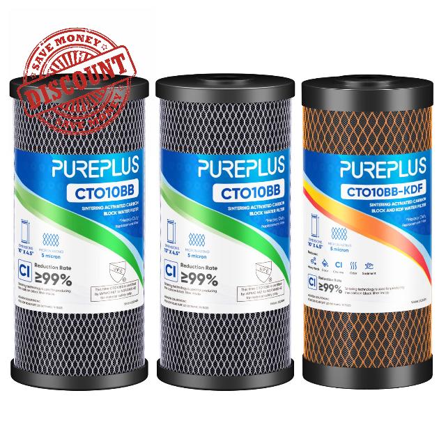PUREPLUS 5 Micron 10"x4.5" Whole House Water Filter Replacement Bundle 3 Pack – 2× CTO Chlorine Taste Odor Reduction + 1× KDF Heavy Metal Filter – Fits Standard Housings GXWH40L