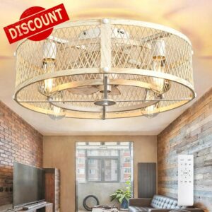 Depuley Flush Mount Ceiling Fan: 20" Caged Ceiling Fans with Lights and Remote Control for Kitchen Bedroom Farmhouse - Rustic Low Profile Ceiling Fandelier Lights Reversible 6 Speed Timer Ceme