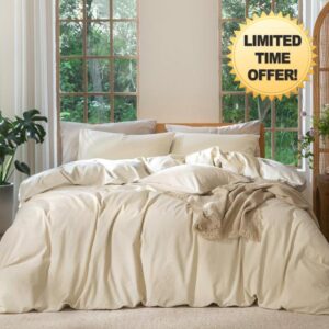 MooMee Bedding Duvet Cover Set 100% Washed Cotton Linen Like Textured Breathable Durable Soft Comfy (Heathered Almond Milk Grey