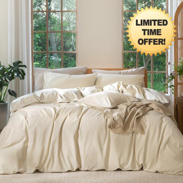MooMee Bedding Duvet Cover Set 100% Washed Cotton Linen Like Textured Breathable Durable Soft Comfy (Heathered Almond Milk Grey