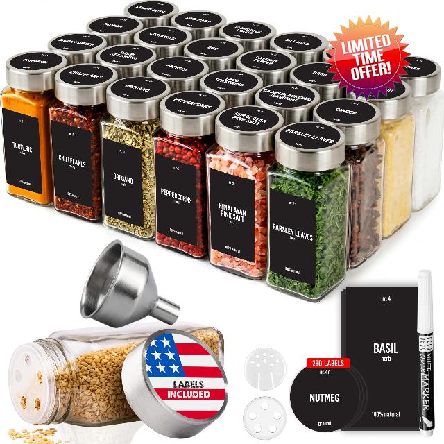Deco haus Glass Spice Jars with Label 24 x 4oz [LABELS incl] Spice Containers with 280 Labels