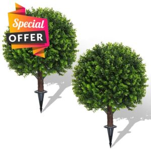 AOKIIE 24" Artificial Boxwood Topiary Bushes UV Resistant for Outdoor 2PCS | Artificial Shrubs with Ground Spike