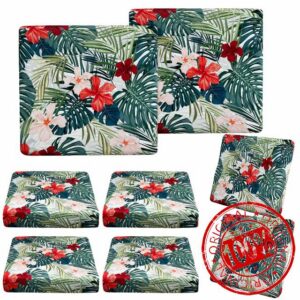 8 Pcs Tropical Hibiscus Flower Leaves Summer Cushion Cover Patio Stretch Green monstera leaf Outdoor Seat Cushions Covers Floral hawaiian Style Flexibility Chair Cushion Cover (Leaves and Flowers)