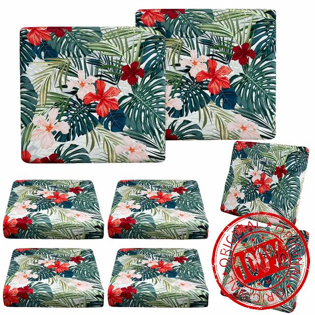8 Pcs Tropical Hibiscus Flower Leaves Summer Cushion Cover Patio Stretch Green monstera leaf Outdoor Seat Cushions Covers Floral hawaiian Style Flexibility Chair Cushion Cover (Leaves and Flowers)