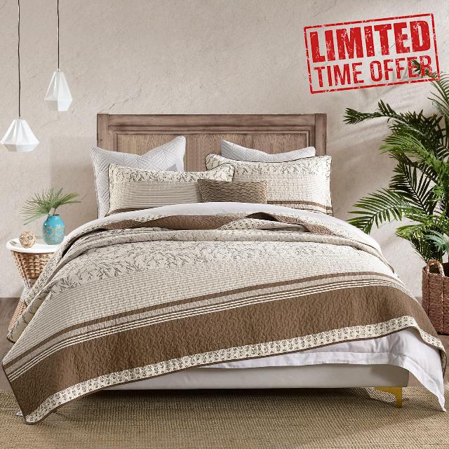 DDUOXIN 100% Cotton King Quilt - Modern Stripe Botanical Quilts with 2 Pillow Shams